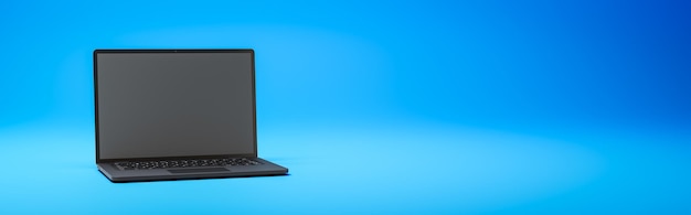 Black Laptop Computer on Blue Background with Copy Space