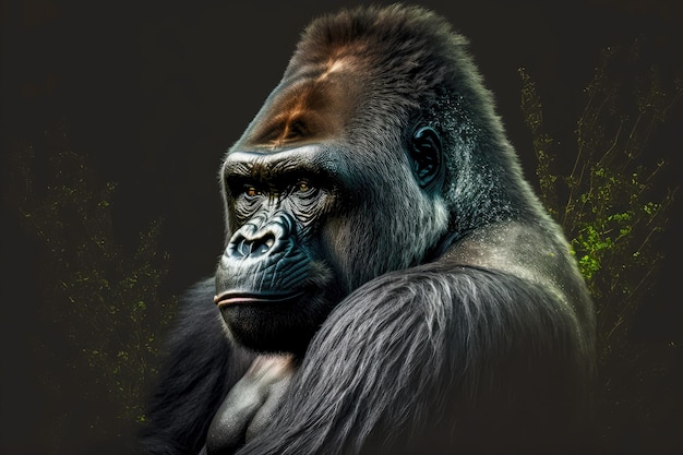 Black large overgrown gorilla looks sideways