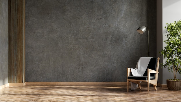 Black leather armchair and lamp in living room interior with plant,concrete wall.3d rendering