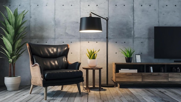 Black leather armchair and lamp in living room interior with plantconcrete wall3d rendering