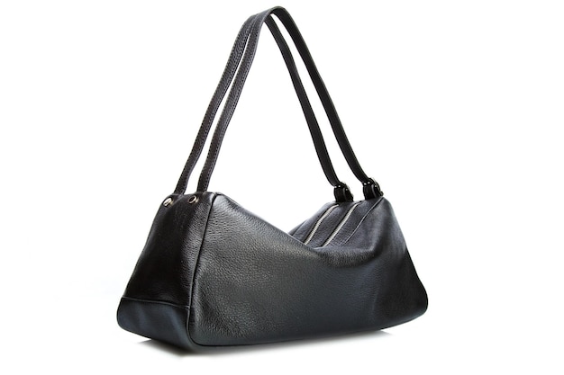 Black leather bag on a white background side view