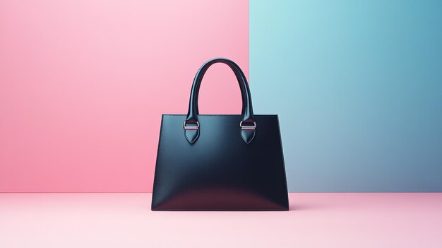 a black leather bag with a blue and pink background