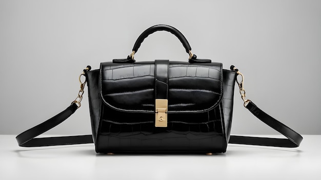 a black leather bag with gold clasps on the front and the word  h  on the front