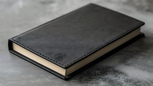 Black Leather Bound Book Closed on Textured Gray Surface