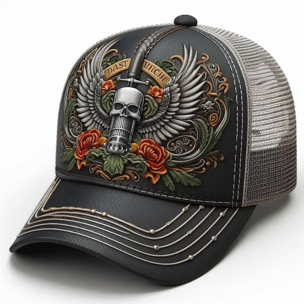 a black leather cap with a floral design on the front