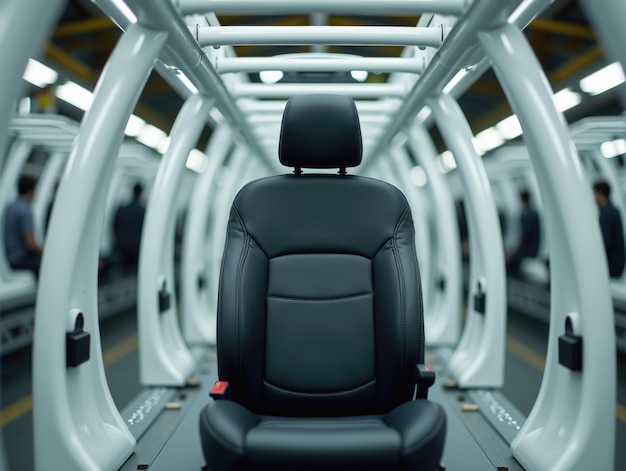 Photo a black leather car seat on an assembly line surrounded by white metal frames in a factory setting