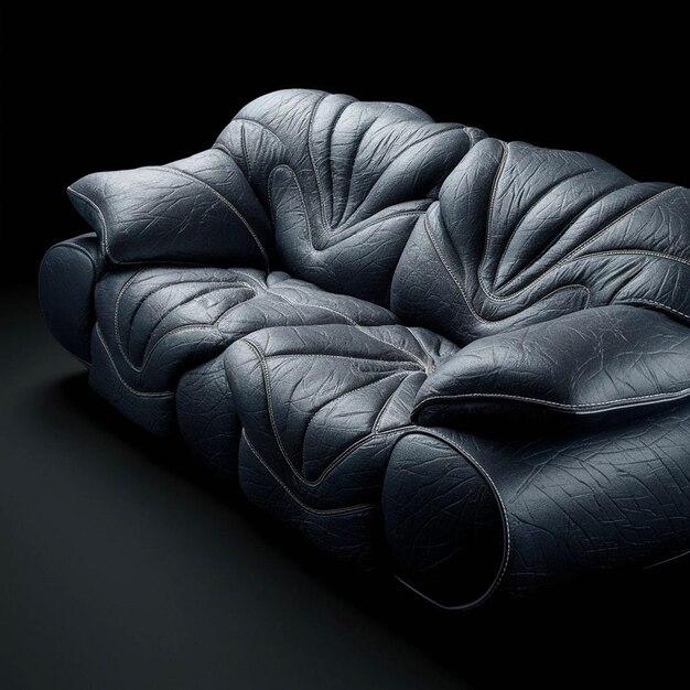 a black leather couch with a curved back and a curved back