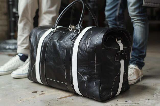 Photo a black leather duffel bag with white stripes large in size and made of highquality nappa leather