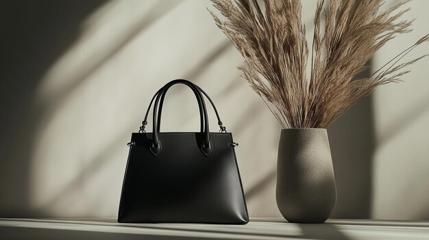 Photo a black leather handbag sits on a table next to a vase with a plant in the corner