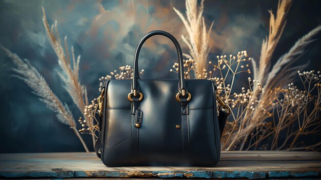 Black leather handbag with gold accents on a wooden table