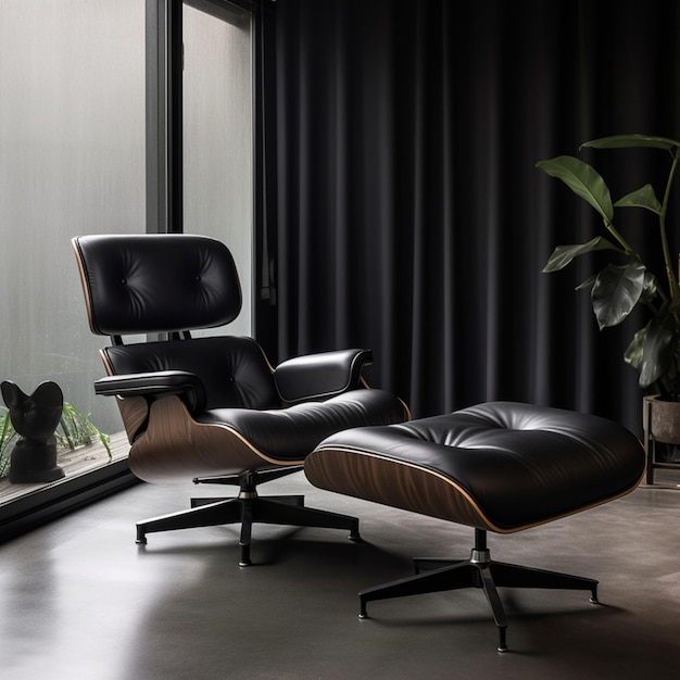 A Black leather lounge chair and ottoman