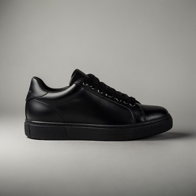 Black leather sneakers on a white background closeup