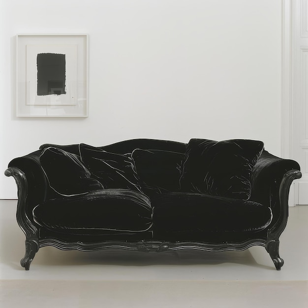 Photo black leather sofa in the interior of a white room with a picture frame