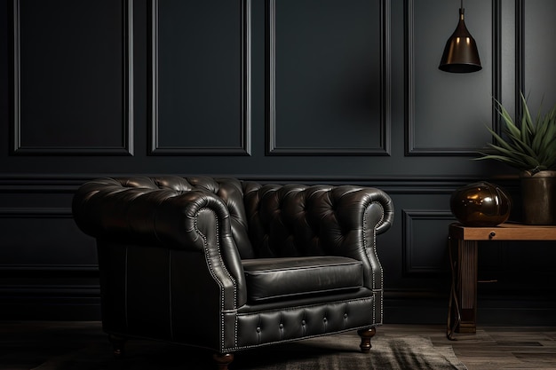 A black leather sofa in a living room with a black wall behind it.