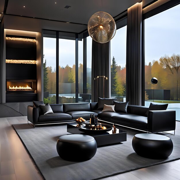 Photo black leather sofa and modern armchairs in luxurious living room interior