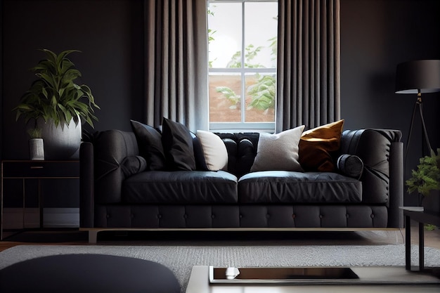 Black leather sofa in modern interior with lamp and picturegenerative ai