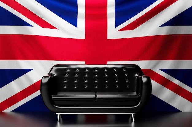 Black leather sofa with the national flag of United Kingdom in the background 3D illustration