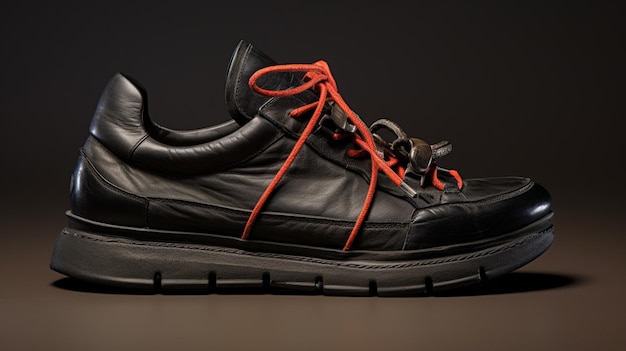 black leather sports shoe with undone shoelace