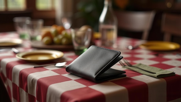 Photo black leather wallet resting on a neatly set table with red checkered tablecloth