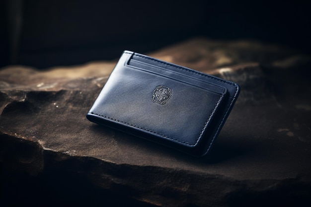 a black leather wallet on a rock