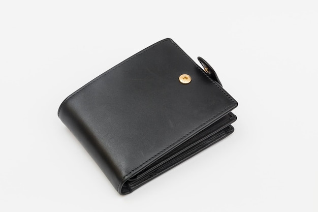 Black leather wallet wallet ajar on white background