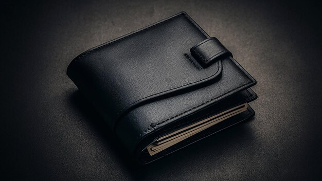 Photo a black leather wallet with a leather strap on it is laying on a table