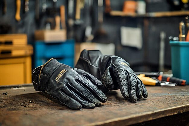 Photo black leather work gloves on a rusty workbench