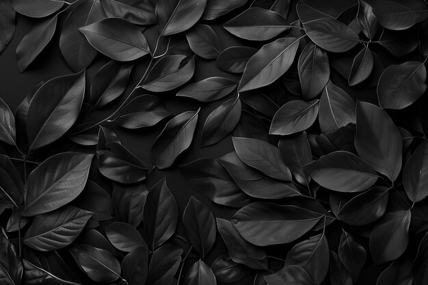 Photo black leaves background dark minimalistic texture with black tree leaves for design wallpaper or c