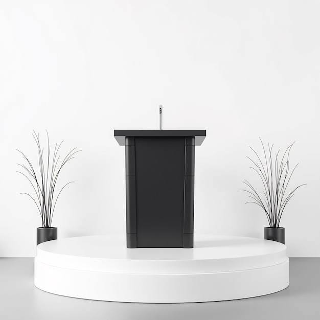 Photo a black lectern on a white podium with plants on the sides in a white room