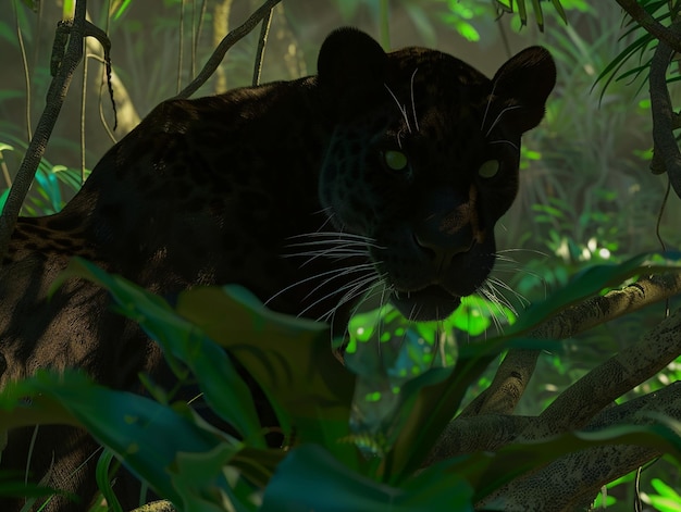 Photo a black leopard is in the jungle with green leaves