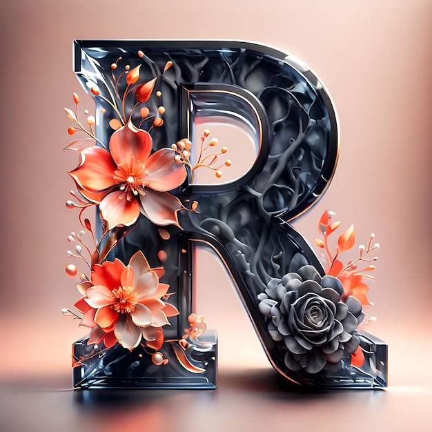 Photo a black letter r with flowers on a black stand