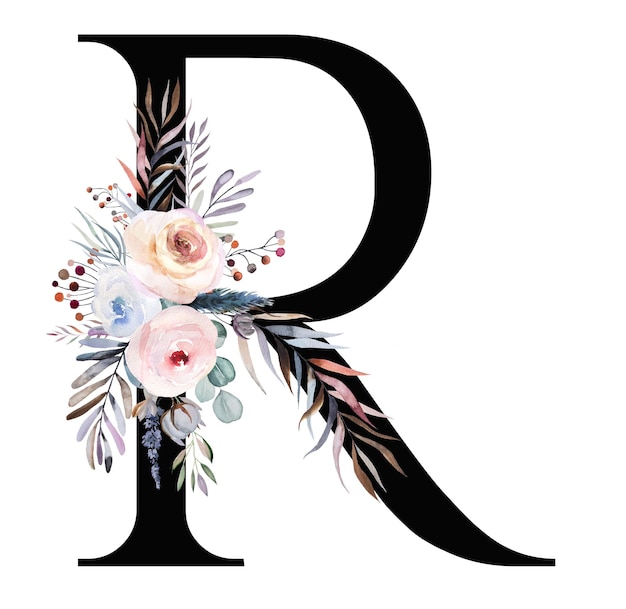 Black letter R with pastel watercolor winter bouquet isolated on white Winter boho letter with leaves berries and flowers in blue lavender and pink Alphabet floral Elements for wedding design