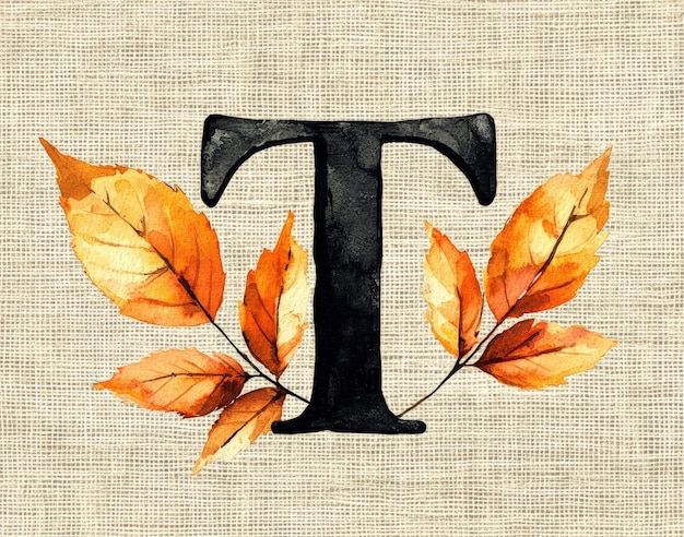 Photo black letter t with orange leaves on a white burlap background in the style of simple watercolor