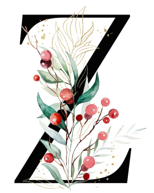 Black letter Z with colorful watercolor twigs with green and golden leaves and red berries Christmas isolated Illustration Hand painted Alphabet Element for Winter holiday stationary and greetings