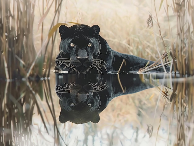 Photo a black lion is reflected in a pond with a reflection of a lion