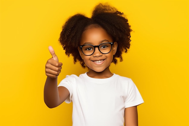 Black little girl 10 years old in a white Tshirt and glasses on a yellow background schoolgirl with