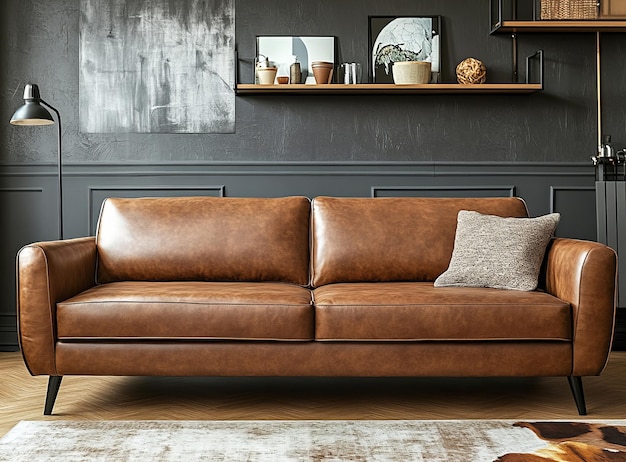 Photo black living room interior with leather sofa minimalist industrial style 3d view