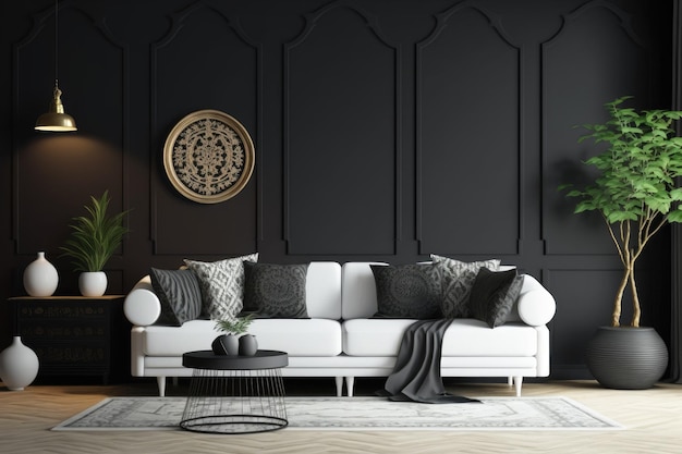 Black living room wall Boho interior mockup Free copy space for your image text or design