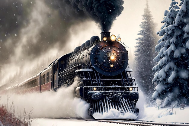 Black locomotive with dark smoke carries polar express train