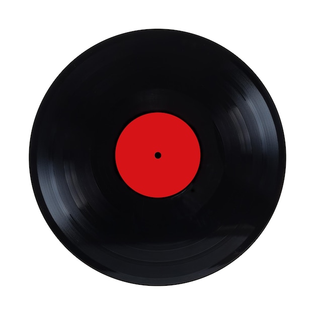 Black longplay vinyl record with red label isolated on white background front view closeup