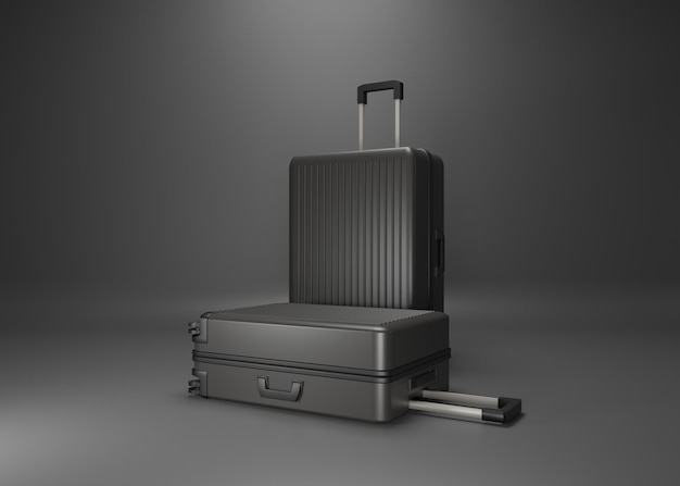 Black luggage set on dark background black and dark classic luggage mockup