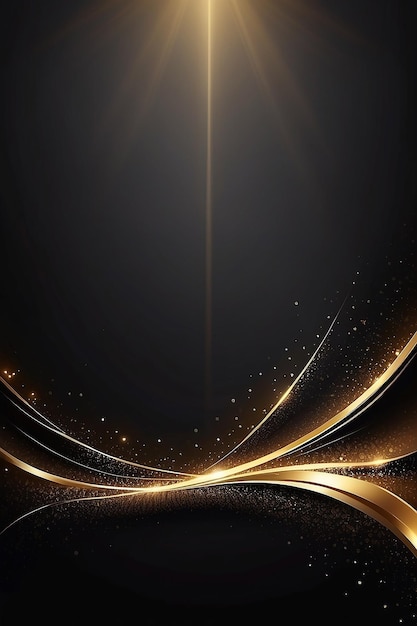 Black luxury background with golden line elements and light ray effect decoration and bokeh