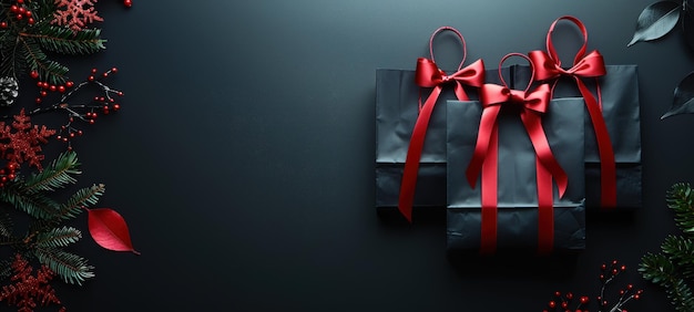 Black luxury gift bags adorned with red ribbons surrounded by festive decorations of pine branches and berries offering an elegant and stylish holiday theme for seasonal celebrations