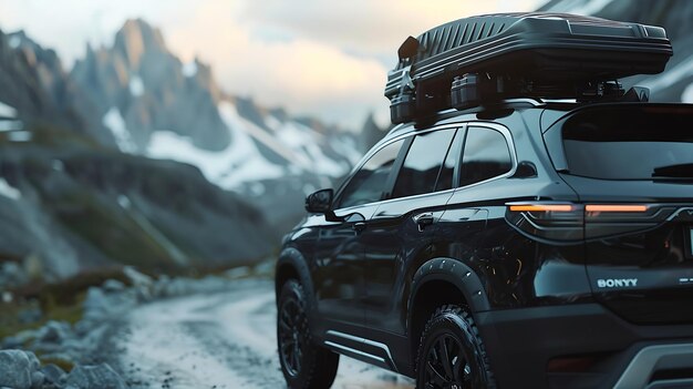 Photo black luxury suv with luggage box mounted on the roof adventure on the road roof box generative ai