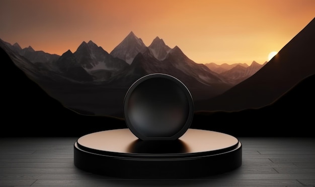 A black magic ball sits on a table in front of a mountain.