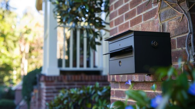 Photo a black mailbox is mounted on a brick wall with green foliage in the foreground and a blurred white