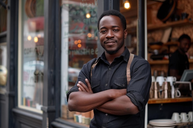 Photo black male business owner standing outside coffee shop