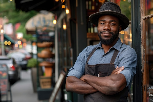 Black male business owner standing outside coffee shop