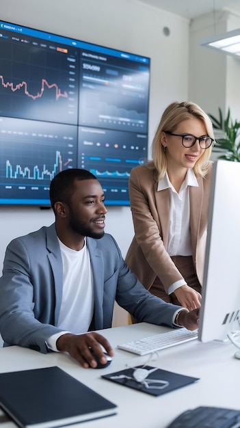 Black Male Financial Data Analysts And Caucasian Female Project Manager Having A Meeting In Monitor