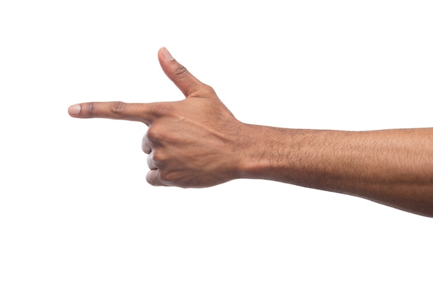 Black male hand point finger. Hand gestures - man pointing on virtual object with forefinger, isolated on white background